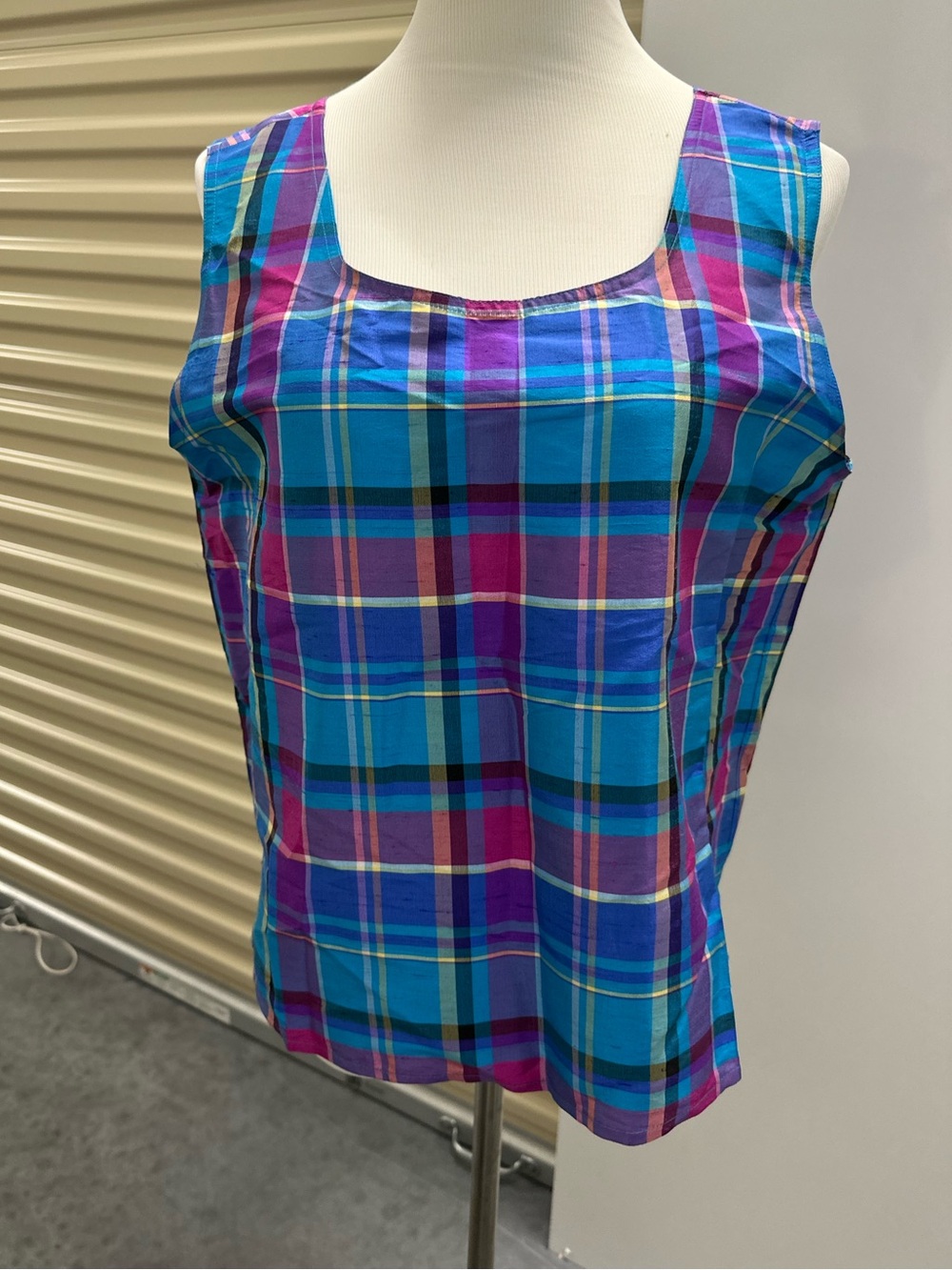 Sleeveless Silk Plaid Tank Top in Blue and Purple